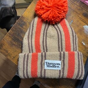 Damson Madder Striped Knit Beanie with Pom Pom - Orange and Tan